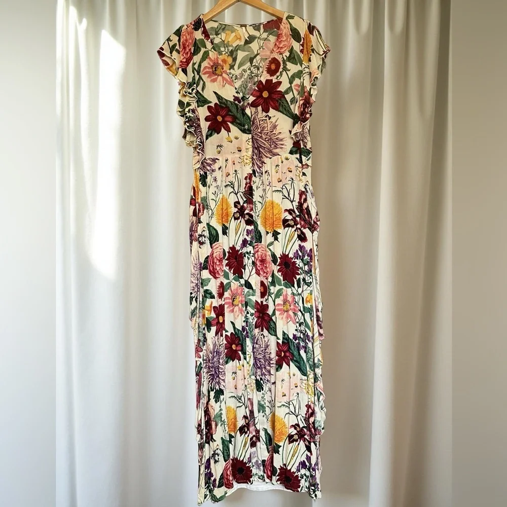 Free People Multicolored Floral Midi Dress with Flutter Sleeves